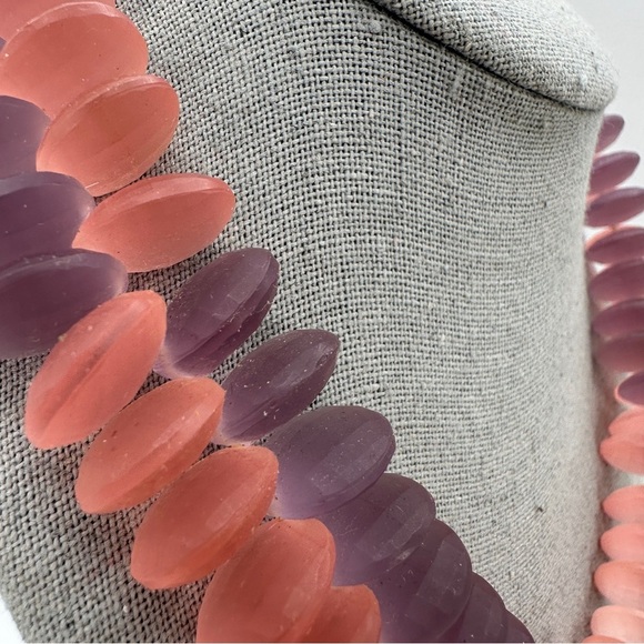 Artisan Frosted Glass Necklace Coral and Purple Faceted Beads Chunky Statement - Picture 7 of 13
